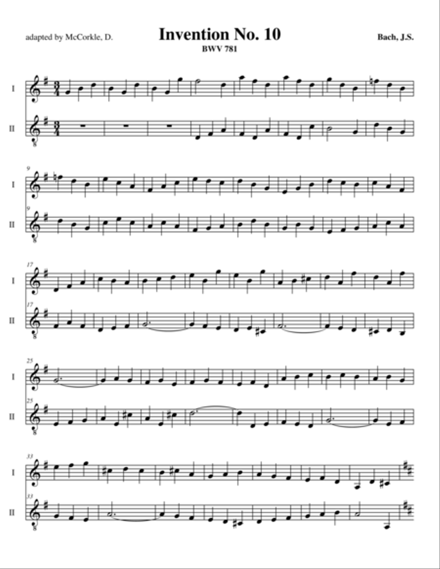 Invention No.10 in G Major, BWV 781 for Two Guitars (excerpt) Small Ensemble scores gallery preview page 1