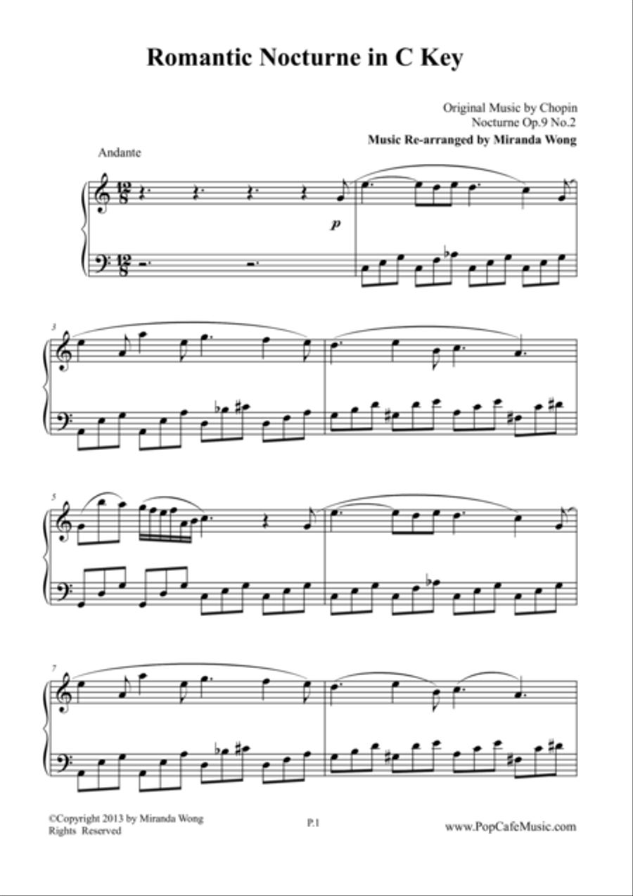Romantic Nocturne in Eb - Chopin (C Key Version) 4-Part scores gallery preview page 1