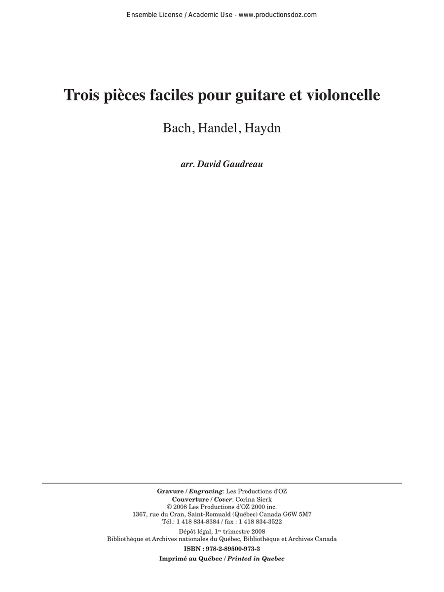Trois pièces faciles (Bach, Handel, Haydn) Cello scores gallery preview page 1