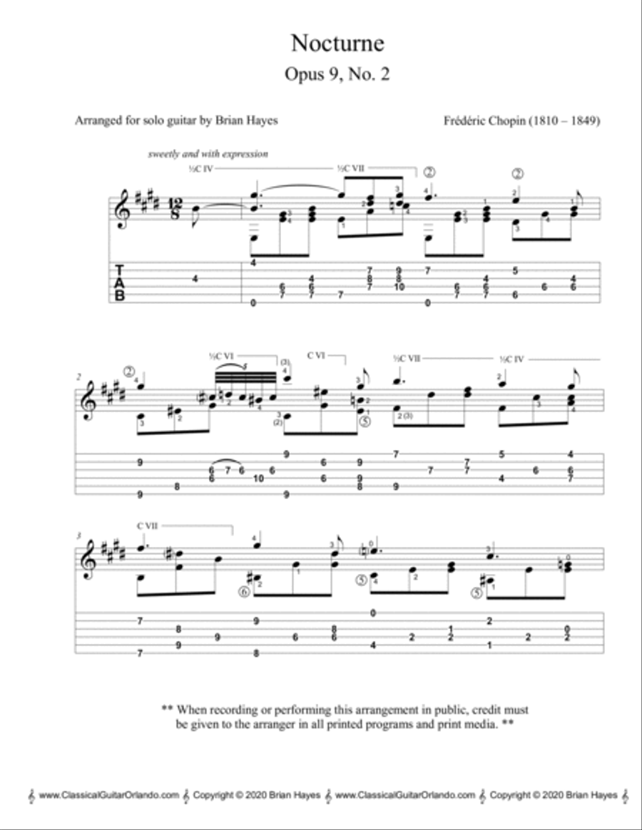 Frederic Chopin - Nocturne (Opus 9, No. 20) (with Tablature) Classical Guitar scores gallery preview page 2