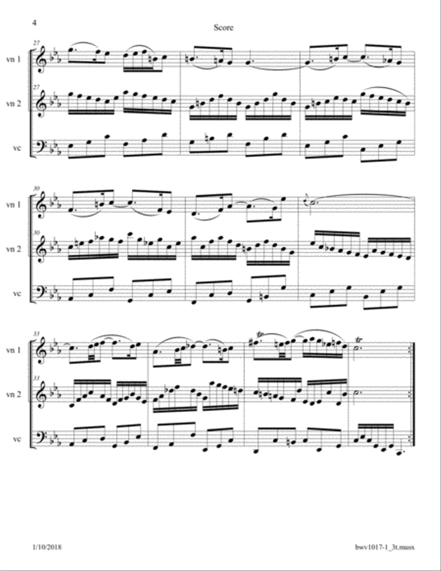 Bach: Violin and Piano Sonata BWV 1017, First Movement (Siciliano) Arr. for 2 Violins and Cello String Trio scores gallery preview page 4