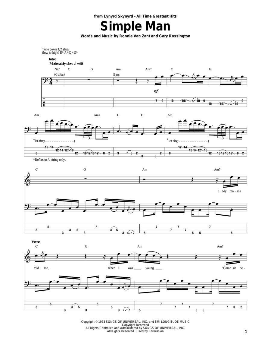 Simple Man Bass Guitar Tablature scores gallery preview page 1