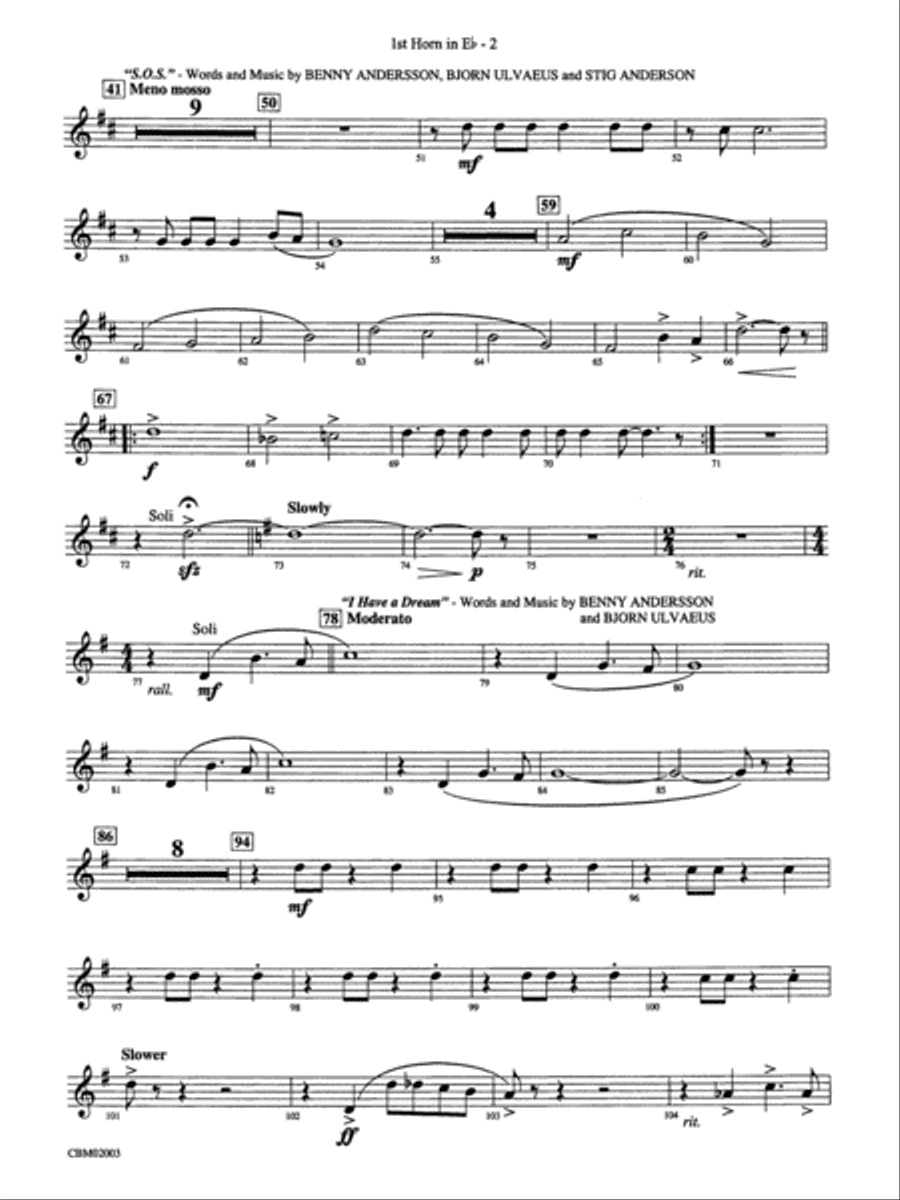 Mamma Mia! -- Highlights from the Broadway Musical: (World Part) 1st Horn in E-flat Concert Band scores gallery preview page 2