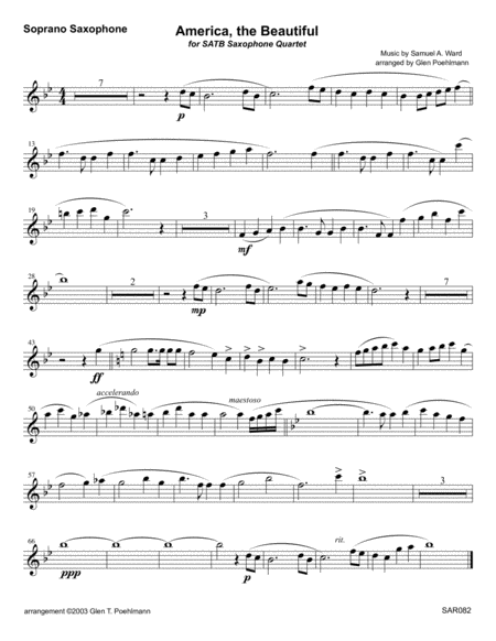 AMERICA THE BEAUTIFUL arranged for SAXOPHONE QUARTET (SATB or AATB) image number null