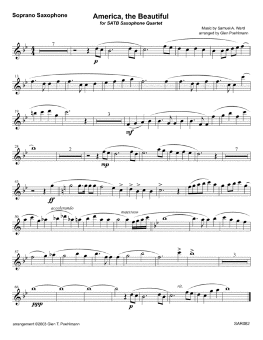 AMERICA THE BEAUTIFUL arranged for SAXOPHONE QUARTET (SATB or AATB) AMERICA THE BEAUTIFUL arranged for SAXOPHONE QUARTET (SATB or AATB) Saxophone Quartet scores gallery preview page 5