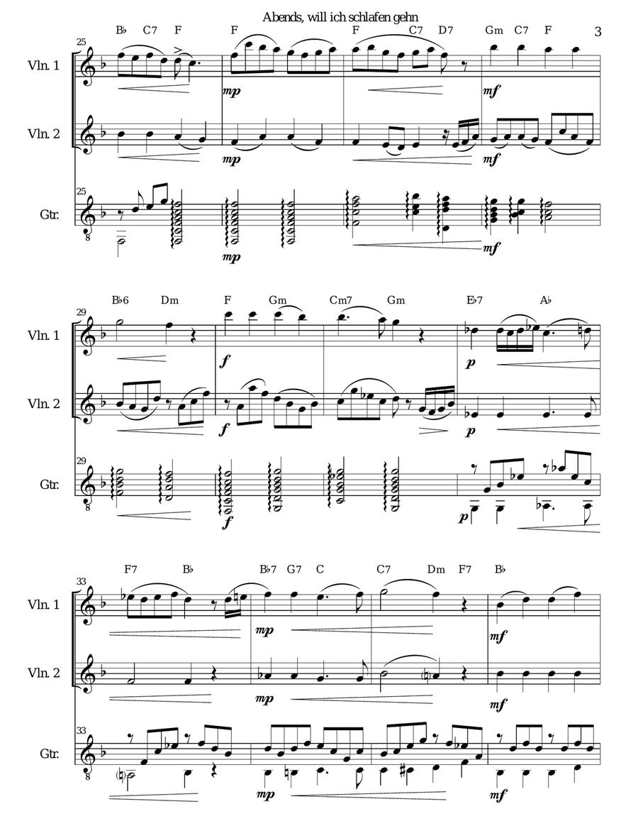 Abendsegen (Abends will ich schlafen gehn) for 2 violins and guitar String Duet scores gallery preview page 3