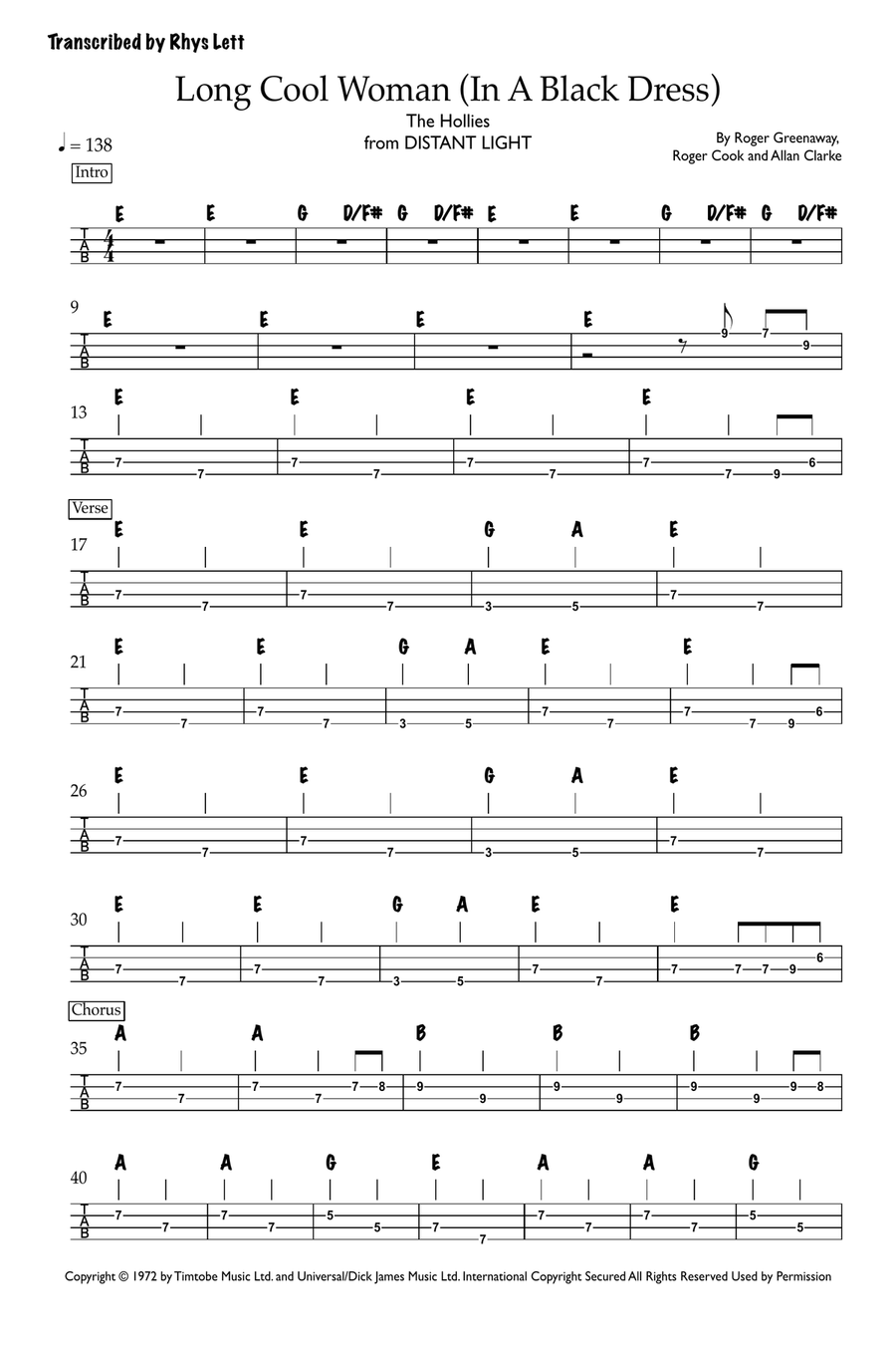 Long Cool Woman (In A Black Dress) Guitar Tablature scores gallery preview page 1