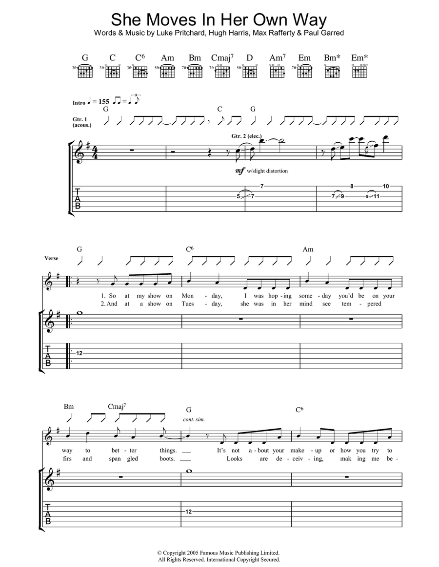 She Moves In Her Own Way Guitar Tablature scores gallery preview page 1