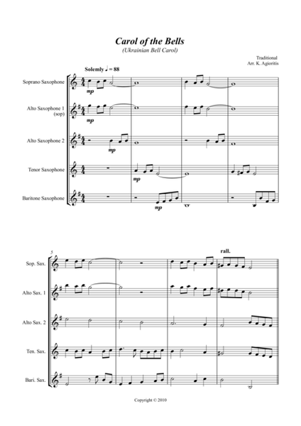 Carol of the Bells (Ukrainian Bell Carol) - Jazz Arrangement for Saxophone Quartet image number null