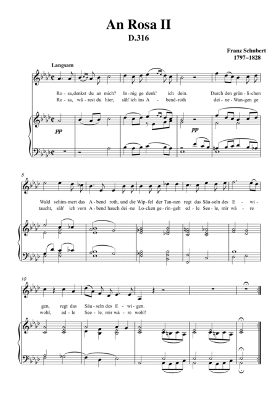 Schubert-An Rosa II (To Rosa),D.316 in bA for Vocal and Piano Voice scores gallery preview page 2