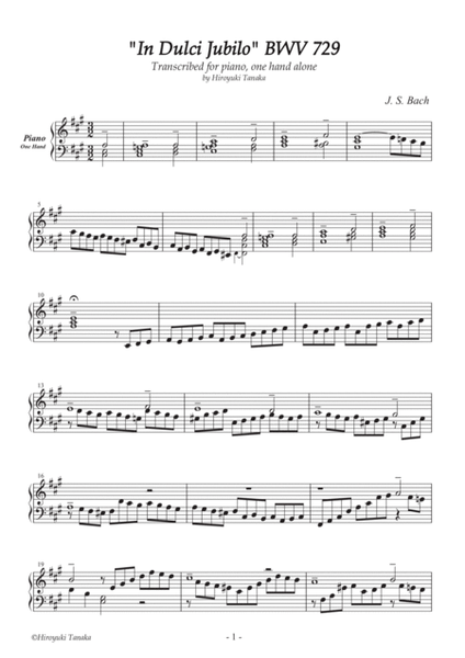 "In Dulci Jubilo" BWV 729 for One Hand