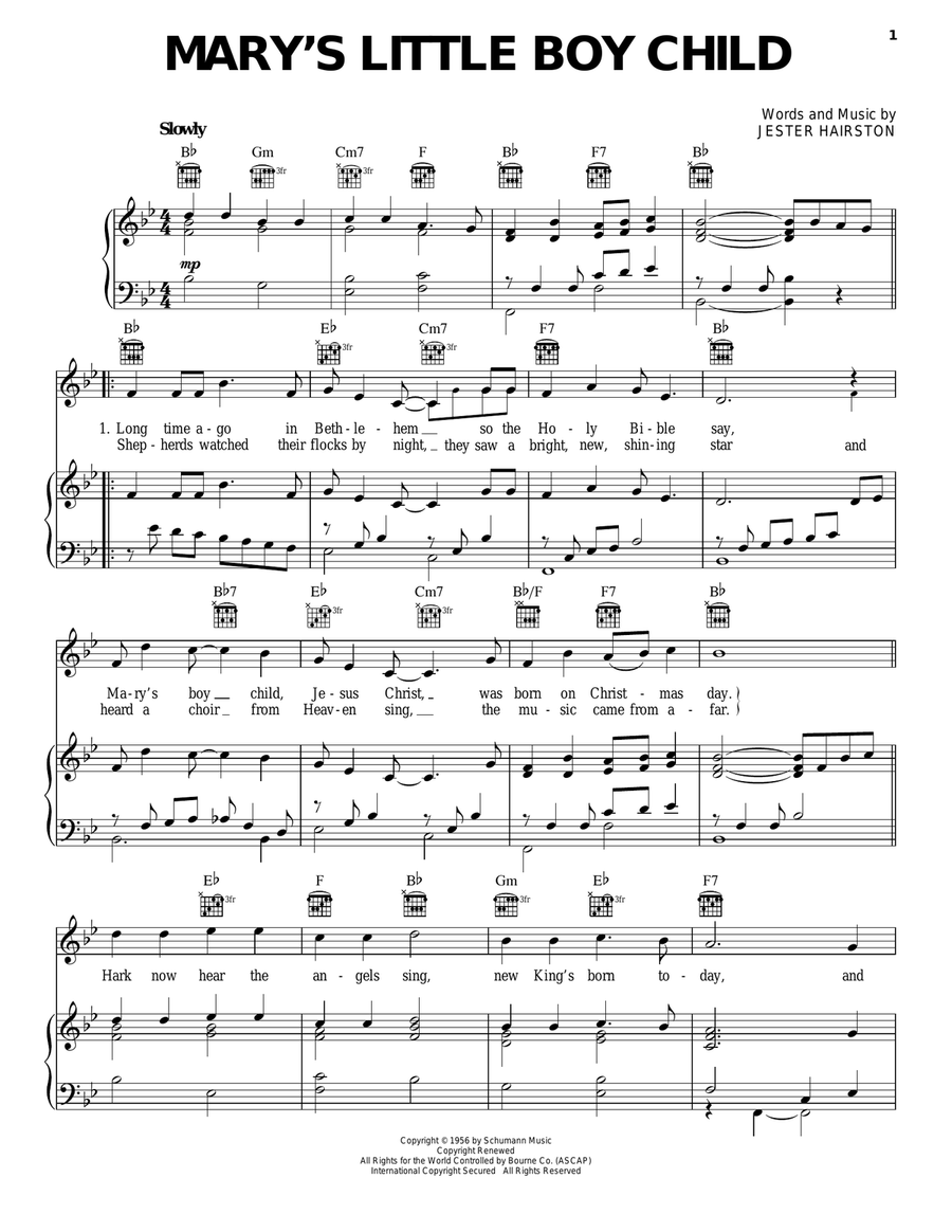 Mary's Little Boy Child Piano, Vocal, Guitar scores gallery preview page 1