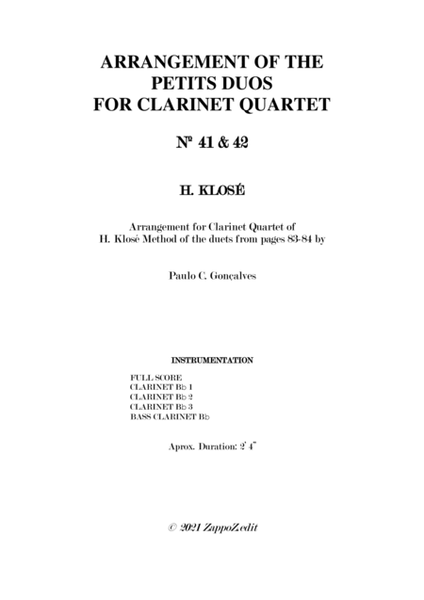 ARRANGEMENT OF THE PETITS DUOS FOR CLARINET QUARTET Nº 41 & 42 image number null