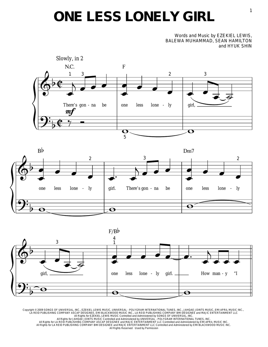 One Less Lonely Girl Easy Piano scores gallery preview page 1