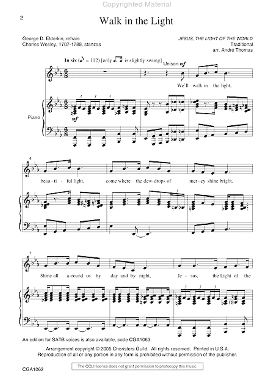 Walk in the Light 2 Part Unison Choir scores gallery preview page 2
