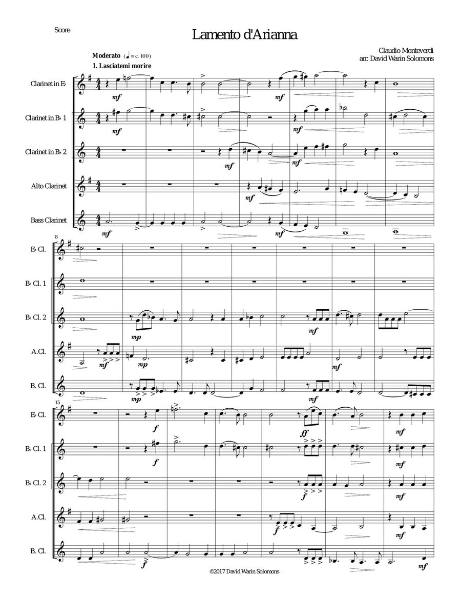 Lamento d'Arianna for clarinet quintet Clarinet Quintet scores gallery preview page 1