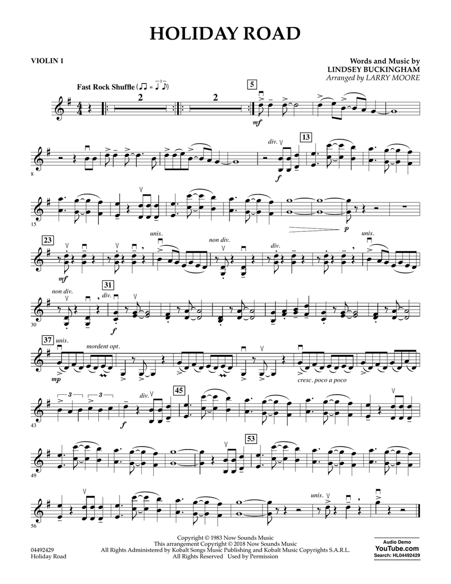 Holiday Road (from National Lampoon's Vacation) (arr. Larry Moore) - Violin 1 Orchestra scores gallery preview page 1