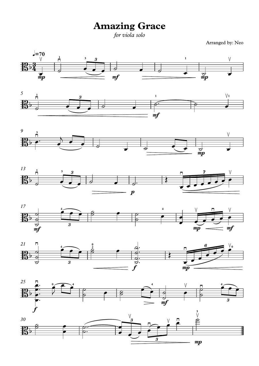 Amazing Grace ( for Viola Solo , unaccompaniment ) ( Intermediate Level ) Viola Solo scores gallery preview page 1