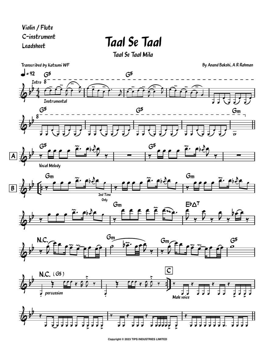 Taal Se Taal Violin Solo scores gallery preview page 1