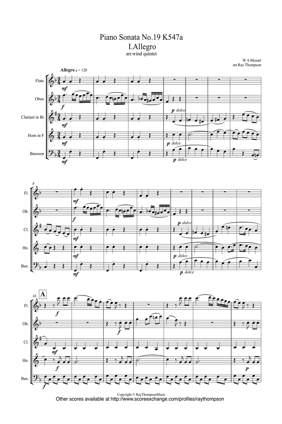 Mozart: Piano Sonata No.19 K547a - wind quintet Woodwind Quintet scores gallery preview page 1
