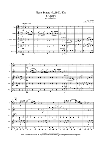 Mozart: Piano Sonata No.19 K547a - wind quintet image number null