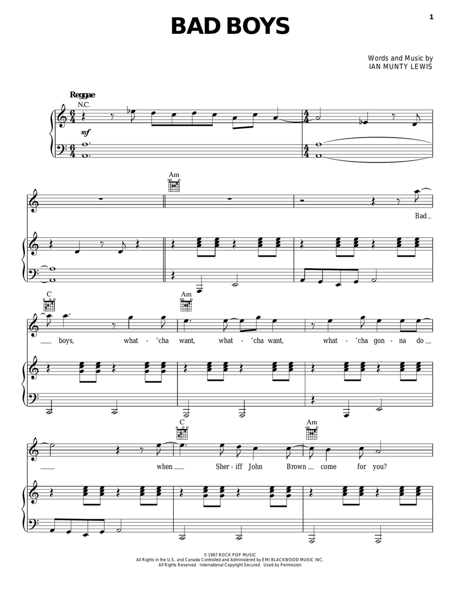 Bad Boys Bad Boys Piano, Vocal, Guitar scores gallery preview page 1