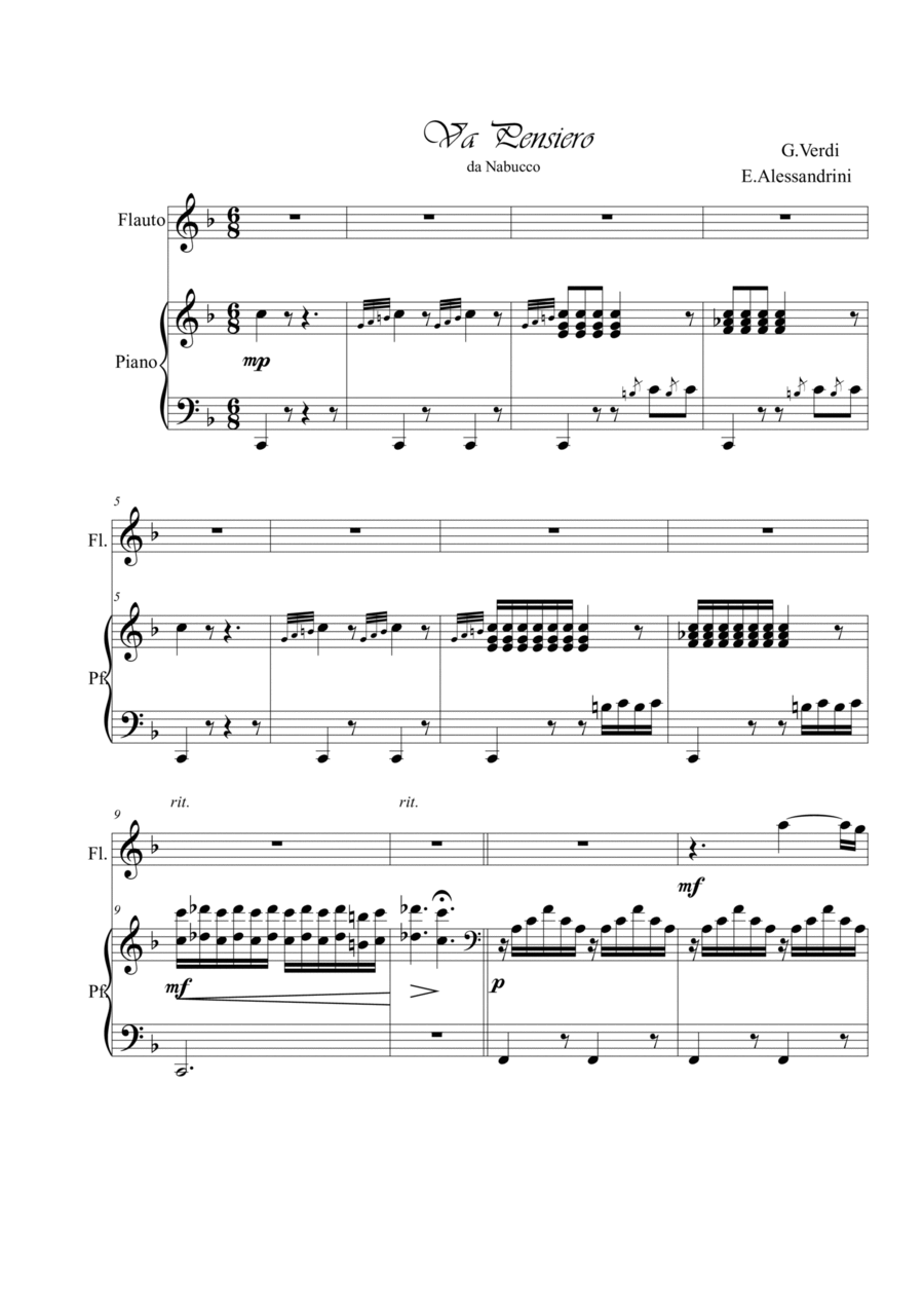 Va pensiero (from Nabucco). Flute and piano Flute Solo scores gallery preview page 1