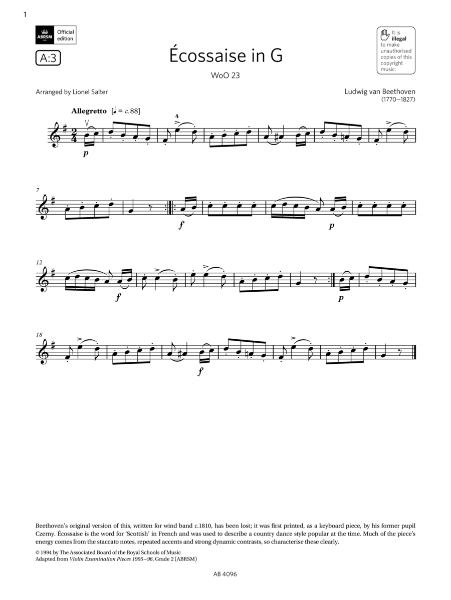 Book cover for Écossaise in G, WoO 23 (Grade 2, A3, from the ABRSM Violin Syllabus from 2024)