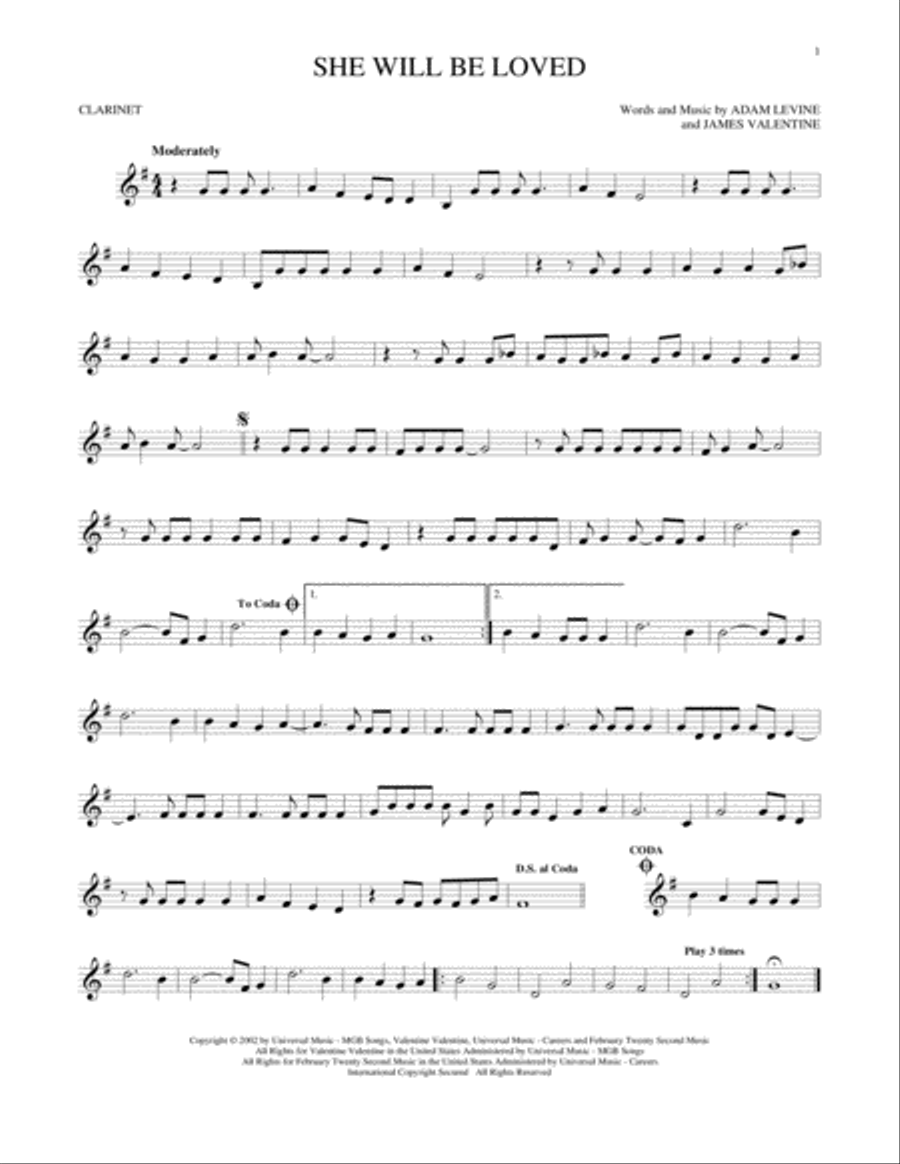 She Will Be Loved Clarinet Solo scores gallery preview page 1