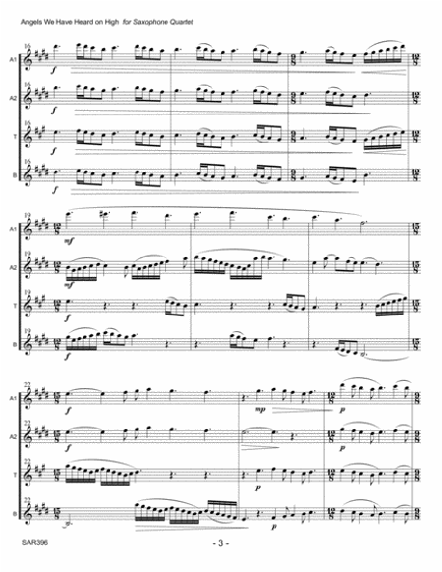 ANGELS WE HAVE HEARD ON HIGH - SATB or AATB SAXOPHONE QUARTET (unaccompanied) Saxophone Quartet scores gallery preview page 3