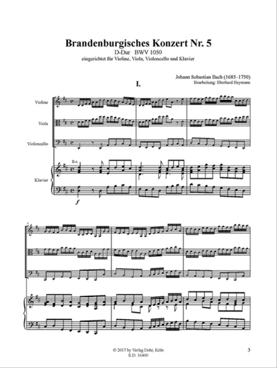 Brandenburgisches Konzert Nr. 5 D-Dur BWV 1050 (für Violine, Viola, Violoncello und Klavier) Piano Quartet scores gallery preview page 2