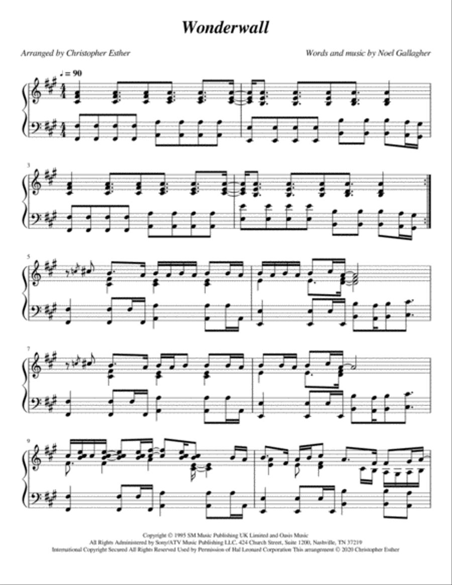 Wonderwall Piano Solo scores gallery preview page 1