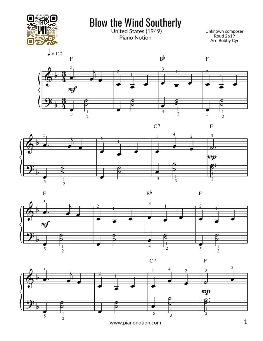 Blow the Wind Southerly (Piano Solo) Easy Piano scores gallery preview page 1