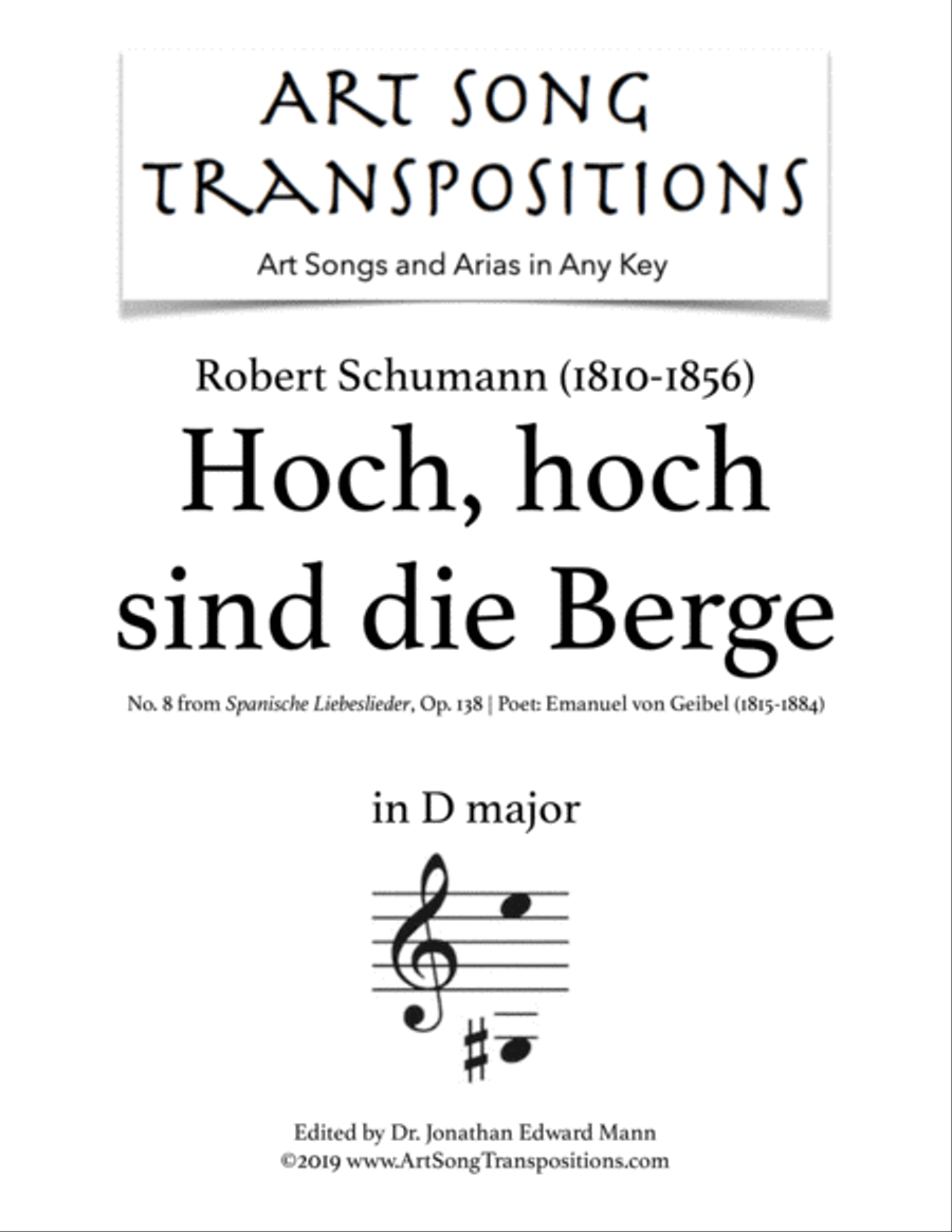 SCHUMANN: Hoch, hoch sind die Berge, Op. 138 no. 8 (transposed to D major) Voice scores gallery preview page 1