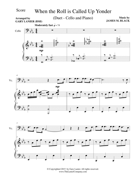 WHEN THE ROLL IS CALLED UP YONDER (Duet – Cello and Piano/Score and Parts) image number null