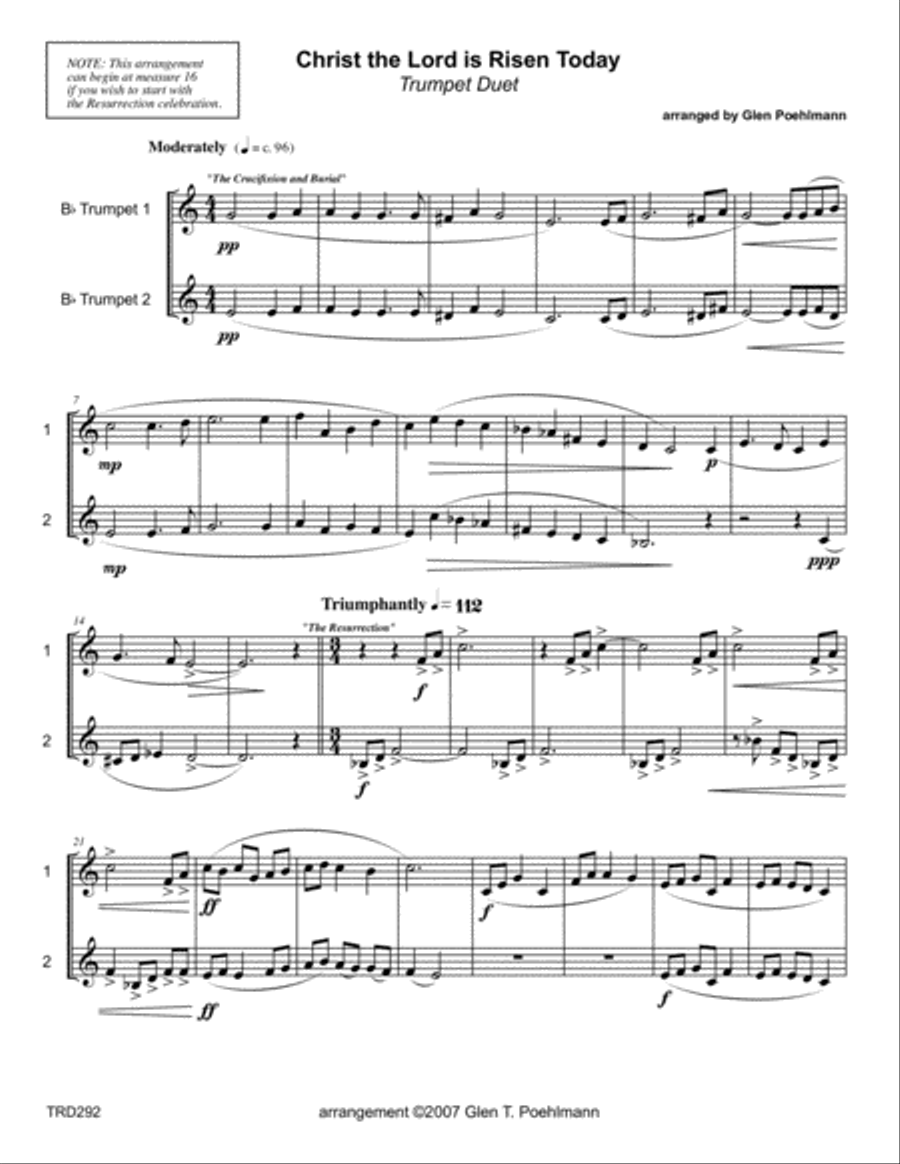 CHRIST THE LORD IS RISEN TODAY - TRUMPET DUET (unaccompanied) Trumpet Duet scores gallery preview page 1