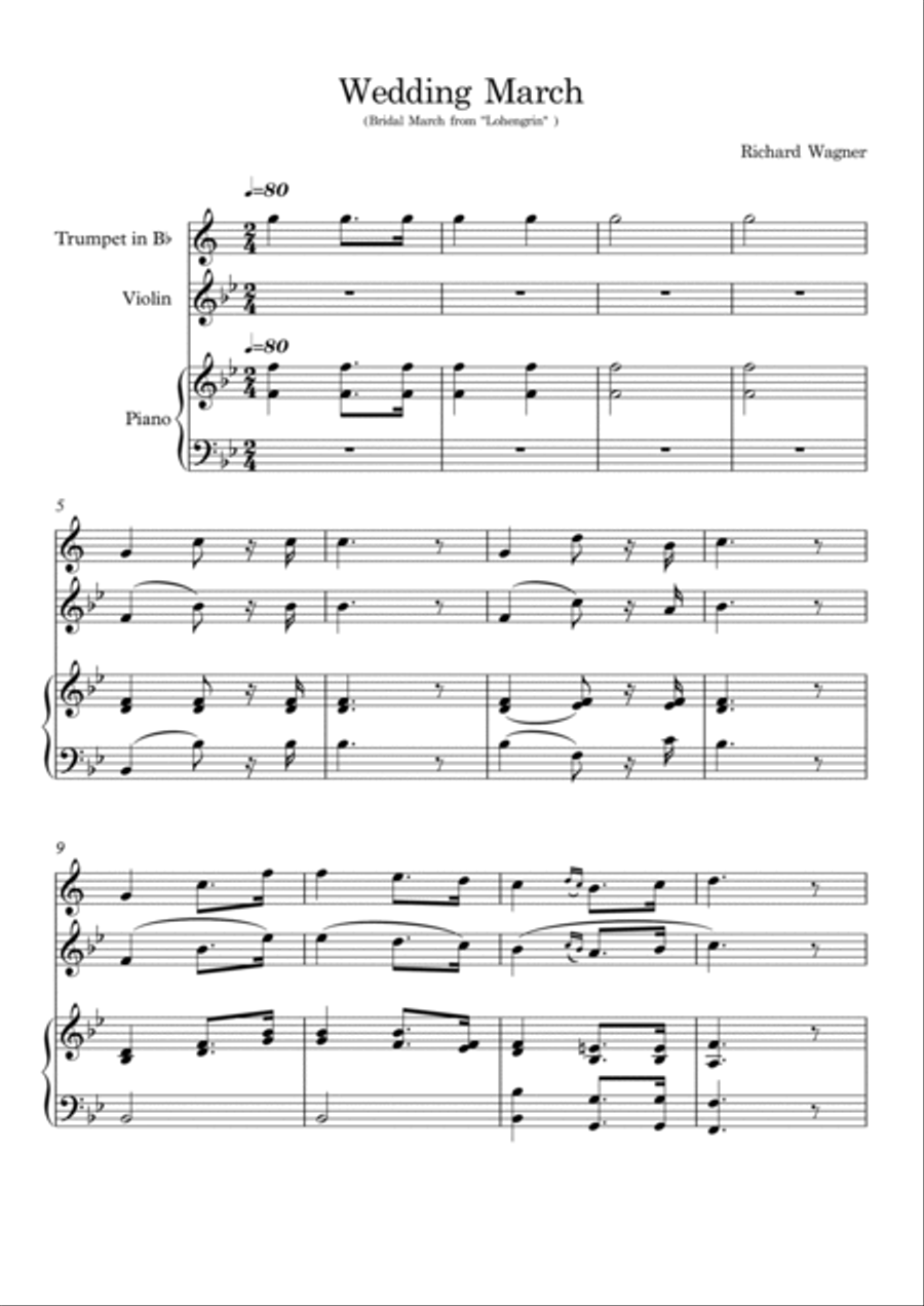 Wedding March - Bridal March from Lohengrin (Opera Richard Wager) - for trumpet, violin and piano. Trumpet scores gallery preview page 2