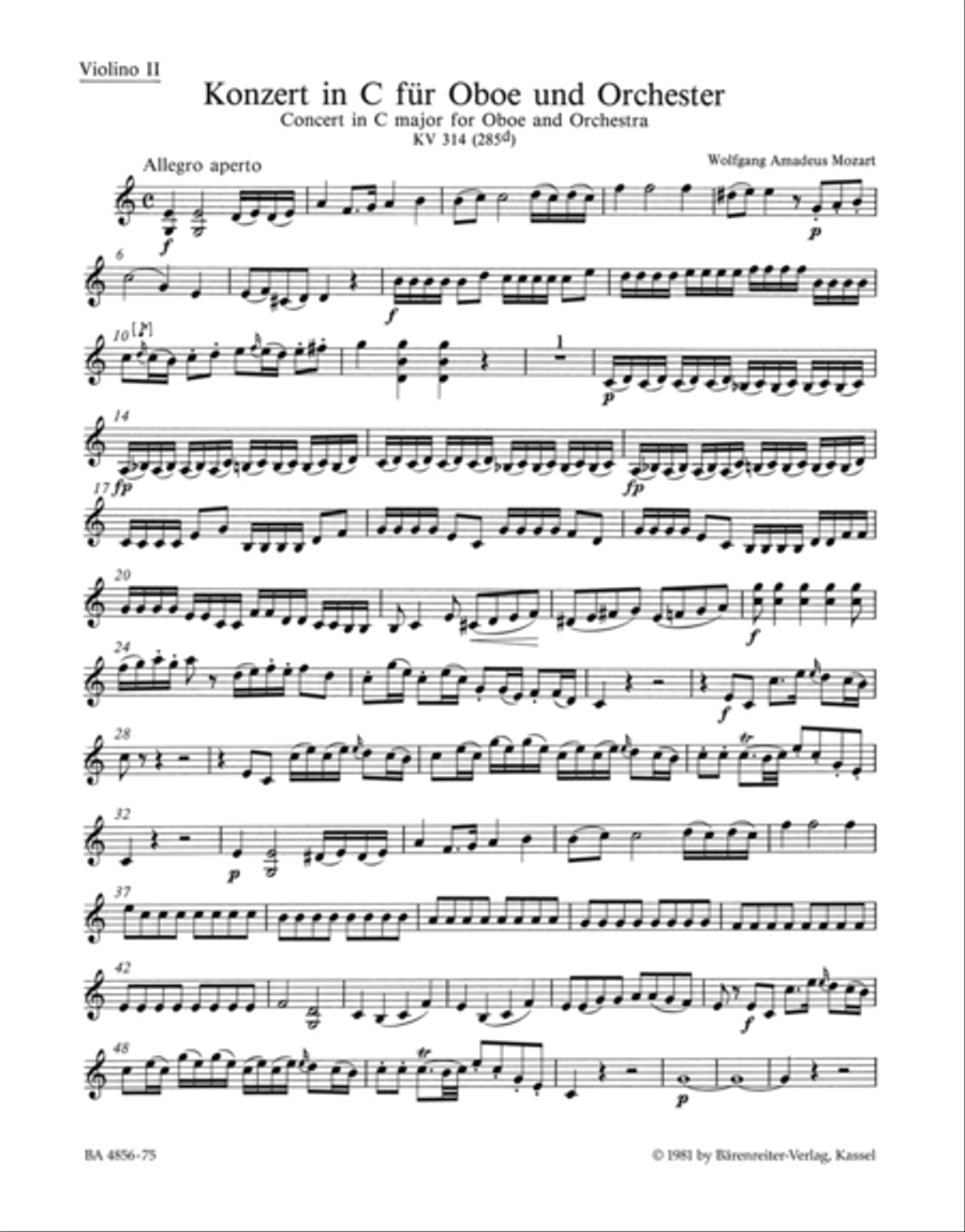 Concerto for Oboe and Orchestra C major, KV 314 (285d) Violin scores gallery preview page 1