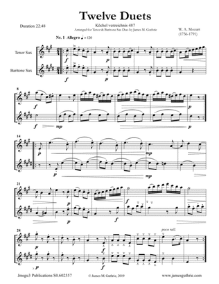 Mozart: 12 Duets K. 487 for Tenor & Baritone Sax Duo