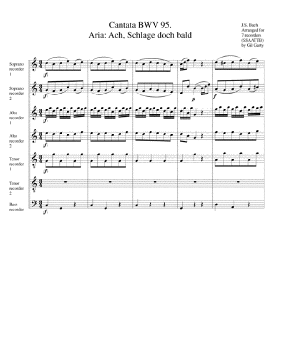 Aria: Ach, schlage doch bald from Cantata BWV 95 (arrangement for 7 recorders) Recorder scores gallery preview page 1