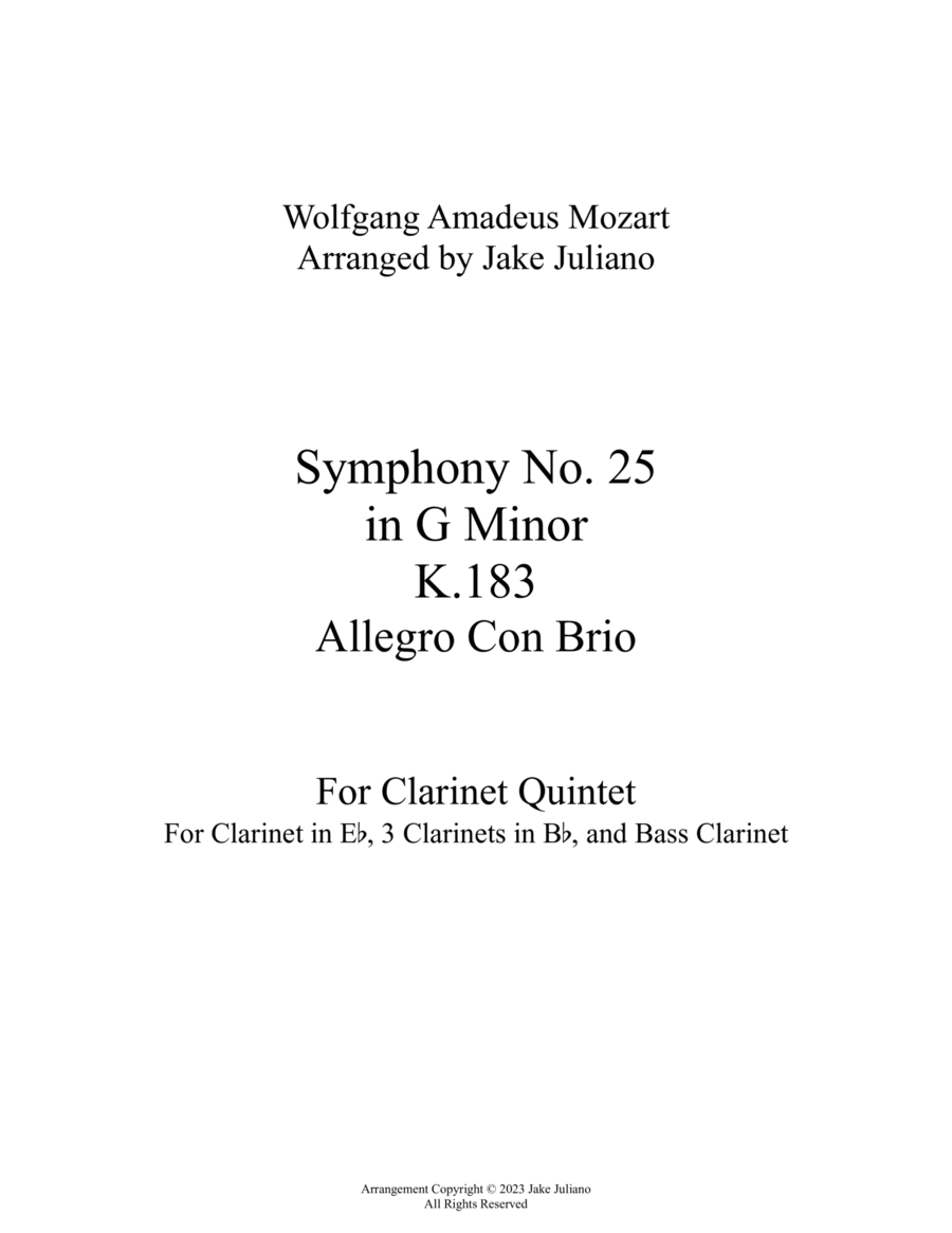 For Clarinet Quintet - Symphony No. 25 in G Minor K.183 - Allegro con brio Clarinet Quintet scores gallery preview page 1