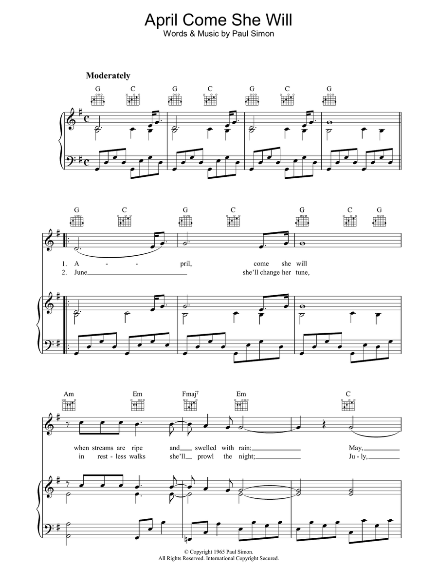 April Come She Will Piano, Vocal, Guitar scores gallery preview page 1