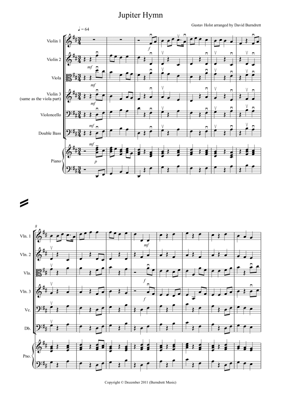 Jupiter Hymn for String Orchestra String Quartet scores gallery preview page 1