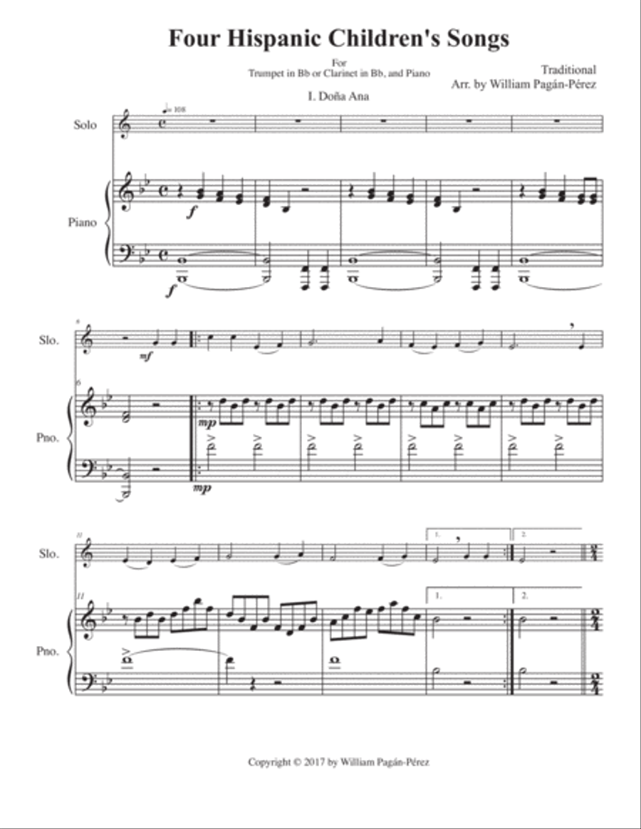 Four Hispanic Children’s Songs for Trumpet in Bb or Clarinet in Bb and Piano B-Flat Clarinet scores gallery preview page 3