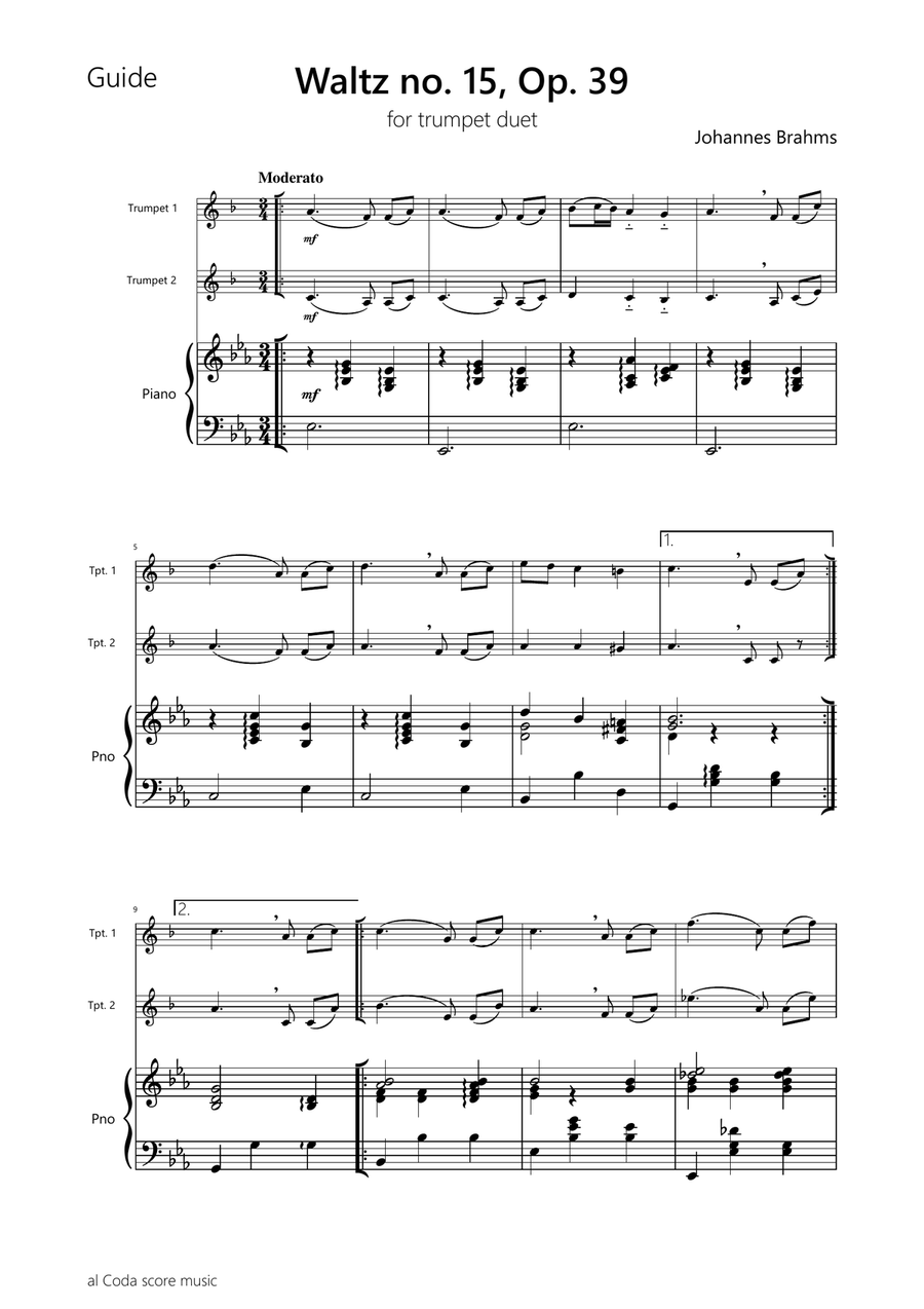 Waltz no. 15 Op. 39 by J. Brahms - for trumpet duet Trumpet Duet scores gallery preview page 2