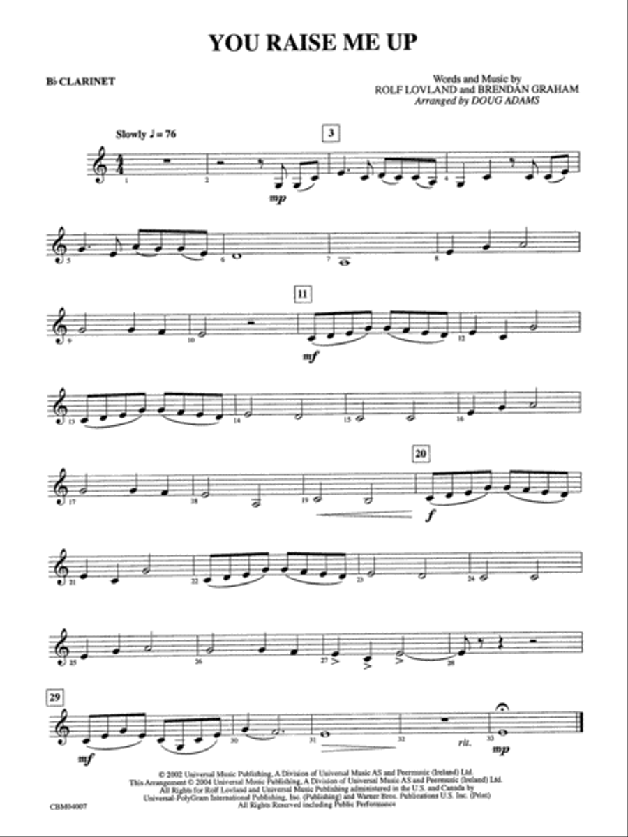 You Raise Me Up: 1st B-flat Clarinet Concert Band scores gallery preview page 1