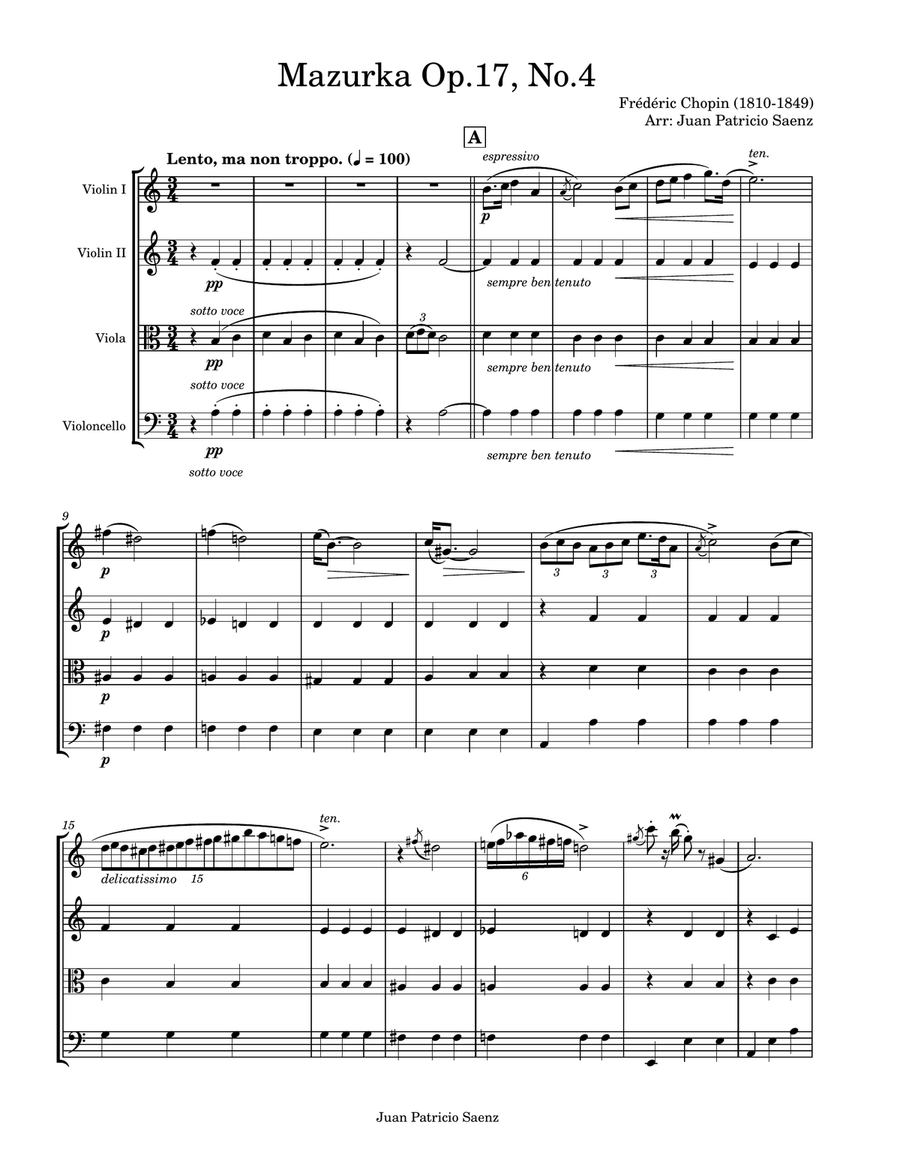 Chopin - Mazurka Op.17 No.4 - String quartet arrangement String Quartet scores gallery preview page 1