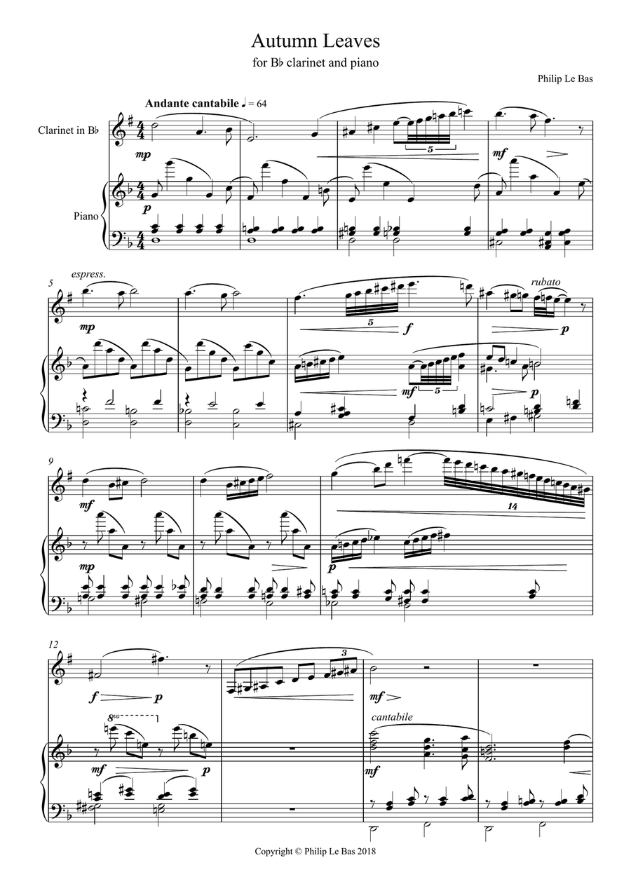 Autumn Leaves (for B flat clarinet and piano) B-Flat Clarinet scores gallery preview page 1