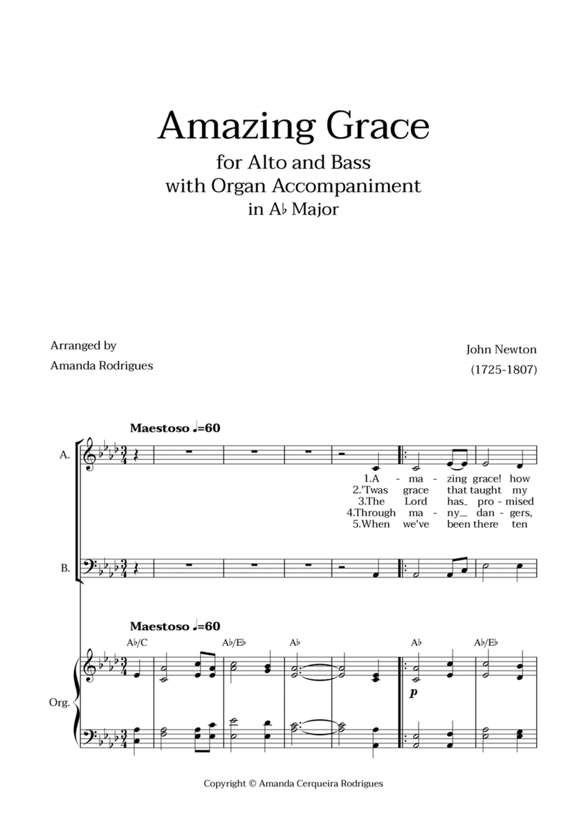 Amazing Grace in Ab Major - Alto and Bass with Organ Accompaniment and Chords image number null