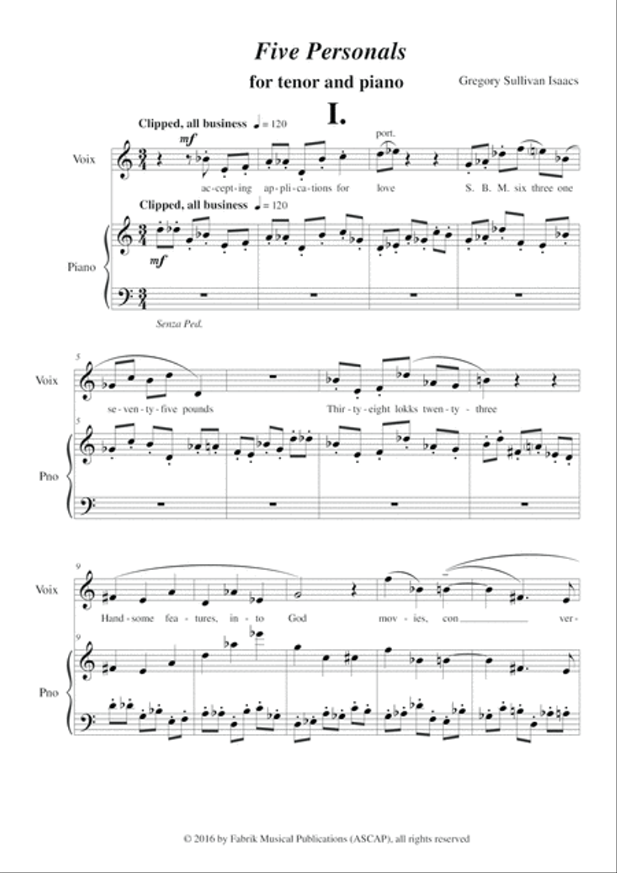 Gregory Sullivan Isaacs: Five Personals for tenor voice and piano Tenor Voice scores gallery preview page 2